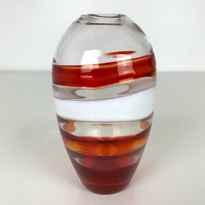 Guzzini Signed Glass Vase Italian Clear Red White Swirls Vtg Italy Small Bud